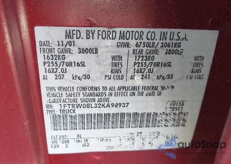 2002 Ford F-150 Lariat/Xlt z USA, uszkodzony, nr VIN 1FTRW08L32KA98937